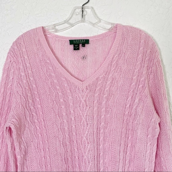 RALPH LAUREN Pink 100% Linen Cable open knit Sweater Size PL - Picture 4 of 11